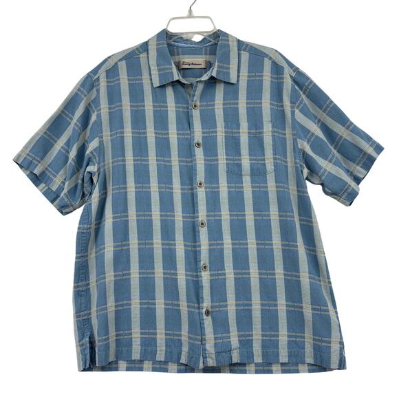 Tommy Bahama Shirt Mens L Blue Plaid Silk Cotton Blend Button Up Short Sleeve - Picture 1 of 10
